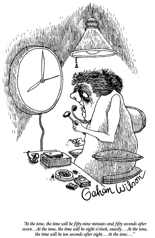 "At the tone, the time will be fifty-nine minutes and fifty seconds after seven…At the tone, the time will be eight o'clock, exactly… At the tone, the time will be ten seconds after eight… At the tone…."