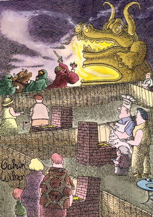 Families barbecue in their back yards while a pagan ritual sacrifice takes place.
