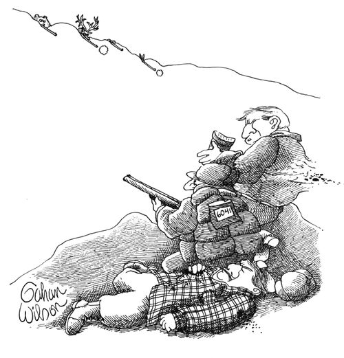 Hunters are hunted by a bear, a rabbit and a deer.