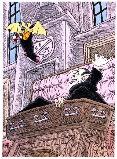 A vampire wakes up to find a bat in his stocking.