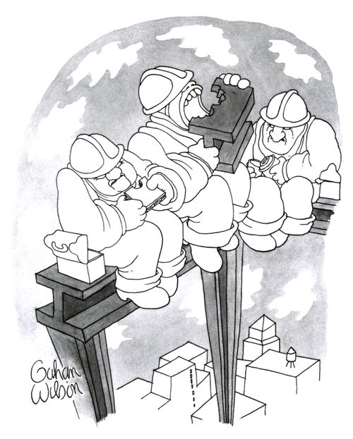 Workmen eat steel beams at lunch hour.