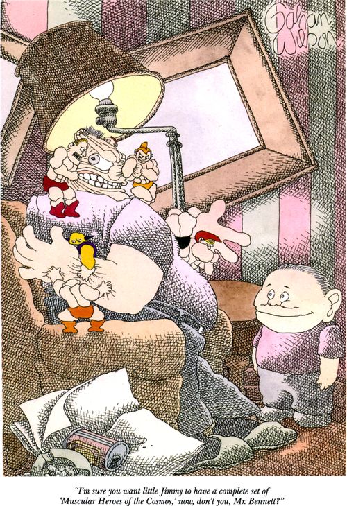 "I'm sure you want little Jimmy to have a complete set of 'Muscular Heroes of the Cosmos,' now, don't you, Mr. Bennett?"