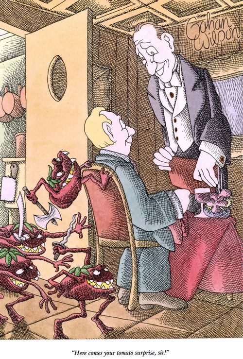 "Here comes your tomato surprise, sir!"