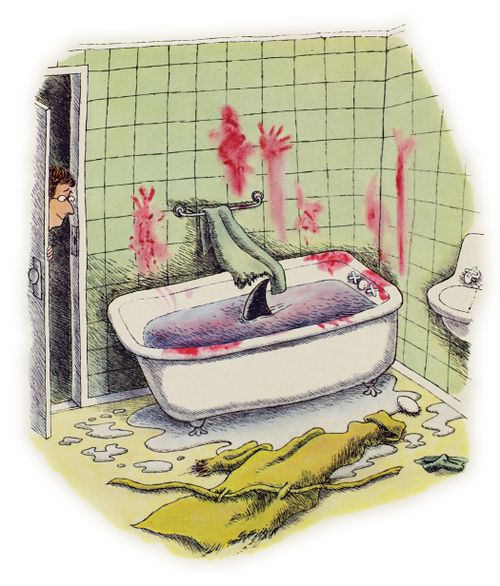 Shark swimming in a bathtub surrounded by blood.