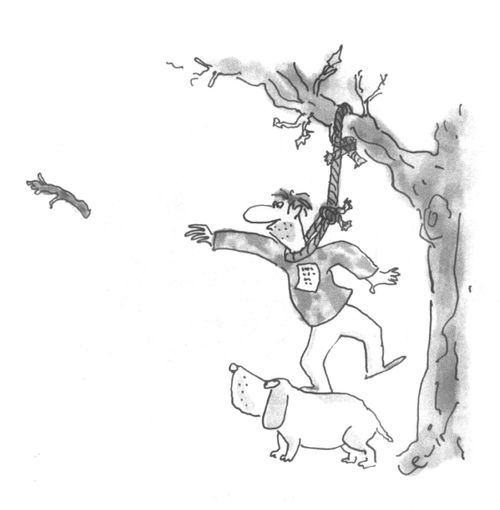 A man throws a stick for a dog to hang himself.