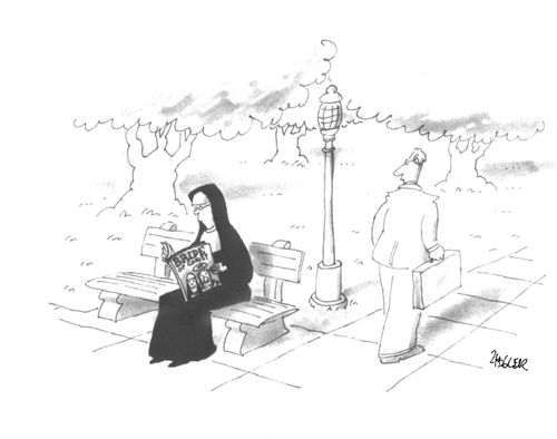 Man passes a nun sitting on a park bench reading a magazine entitled "Bride of Christ".