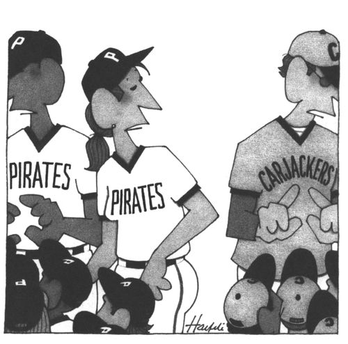 Woman on a baseball team called "Pirates" looks at the opposing team who is called "Carjackers".