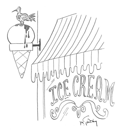 Bird has pooped on an ice cream cone shaped sign making the ice cream appear to be melting