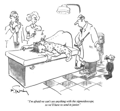 "I'm afraid we can't see anything with the sigmoidoscope, so we'll have to send in junior."