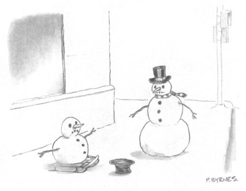 A snowman missing his base begs for change.