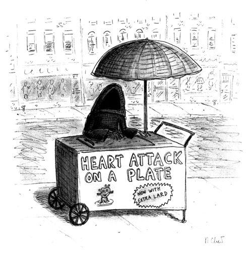 Grim reaper with a food stand saying "Heart attack on a plate"