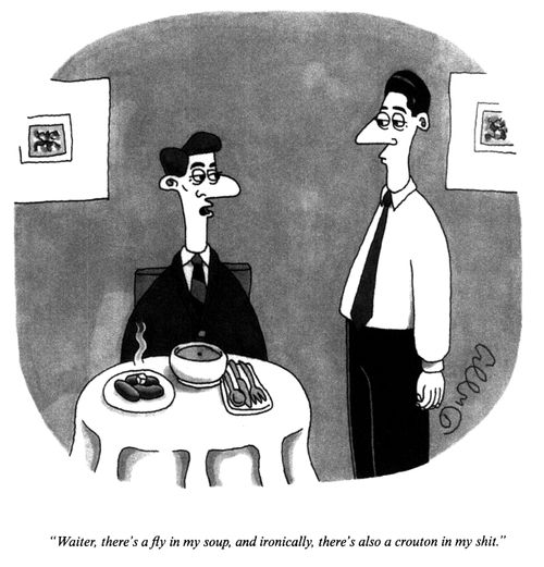 "Waiter, there's a fly in my soup, and ironically, there's also a crouton in my s**t."