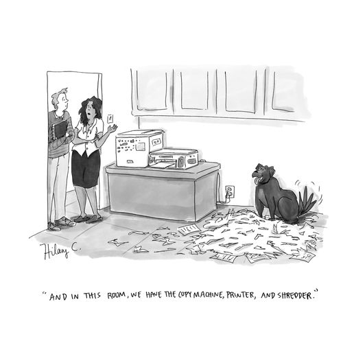 "And in this room, we have the copy machine, printer, and shredder."