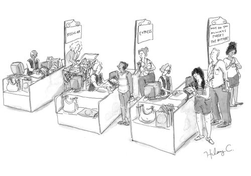 Tills labelled 'regular', 'express', and 'why do you always forget the butter.'