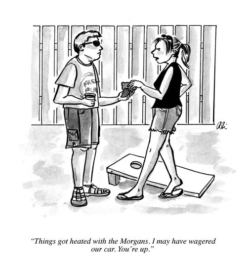 "Things got heated with the Morgans. I may have wagered our car. You're up."