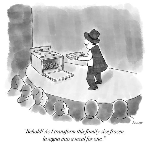 "Behold! As I transform this family size frozen lasagna into a meal for one."