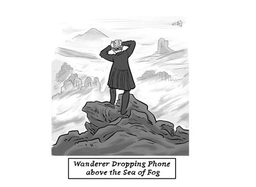 Wanderer dropping phone above the sea of fog