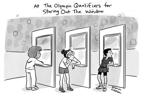 At the Olympic qualifiers for staring out the window