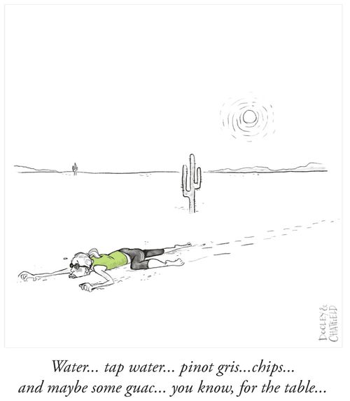 "Water... tap water... pinot gris... chips... and maybe some guac... you know, for the table..."