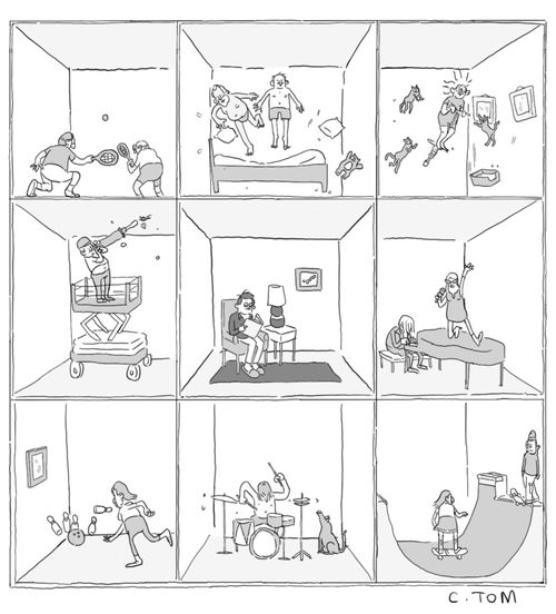 A man is living in small box apartment trying to read a book, but is surrounded by people engaging in noisy activities.