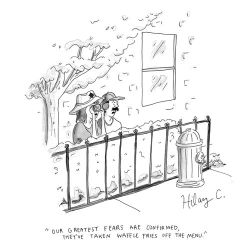 "Our greatest fears are confirmed, they've taken waffle fries off the menu."