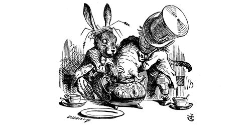 Alice in Wonderland-Hare and Hatter putting Dormouse in Teapot