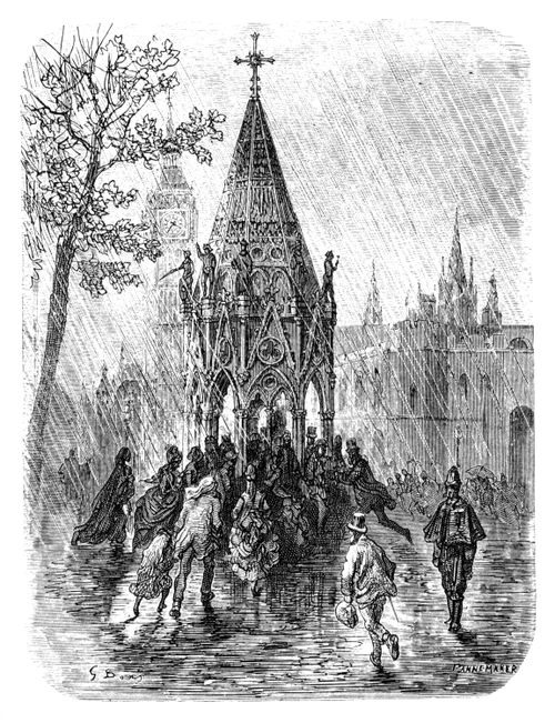 Londoners Take Shelter under a Drinking Fountain at Westminster