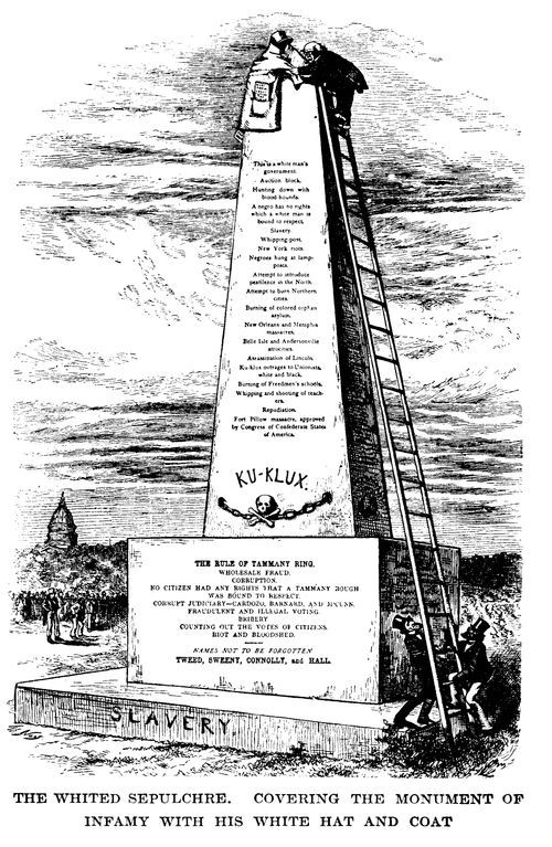 Horace Greeley Covering the 'Monument of Infamy' associated with Tammany Democrats