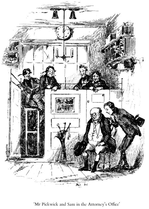 Mr Pickwick and Sam in the Attorney's Office