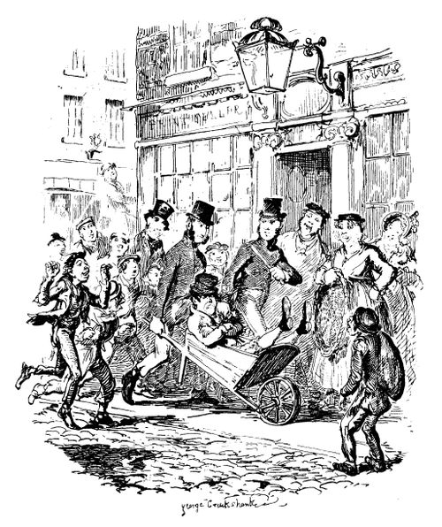 Sketches by Boz - A Pickpocket Being Wheelbarrowed to Police Station