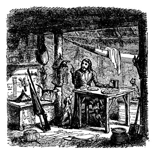 Robinson Crusoe - In his Hut with Animals