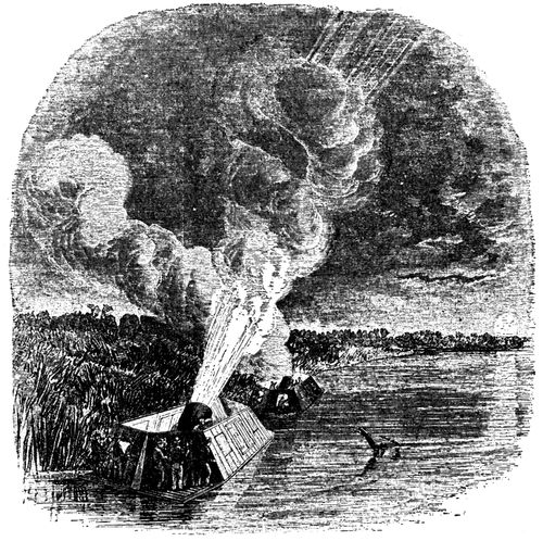 Battle of New Madrid - Union Mortar Rafts Firing at Island No. 10, Missouri