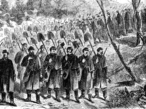 Union Troops Marching Down to Trenches Before Richmond