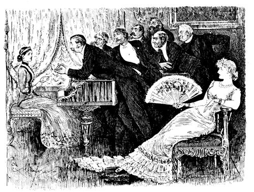 Victorian bachelors leering over woman.