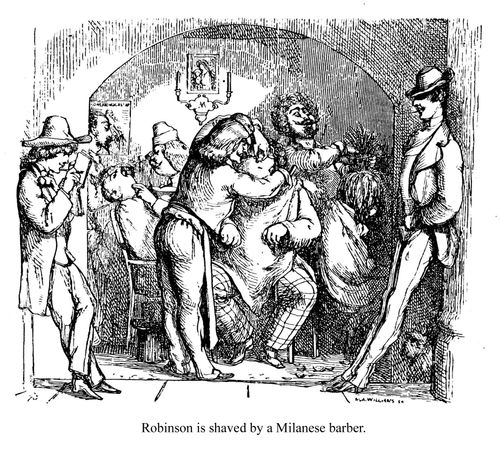 Robinson is shaved by a Milanese barber.