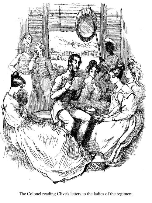 The Colonel reading Clive's letters to the ladies of the regiment.