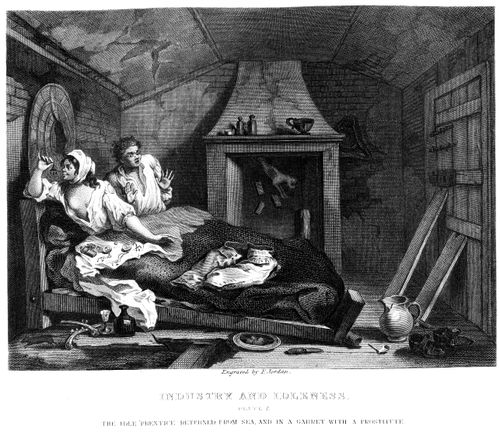 Industry and Idleness - The idle apprentice returned from sea and in a garret with a prostitute.