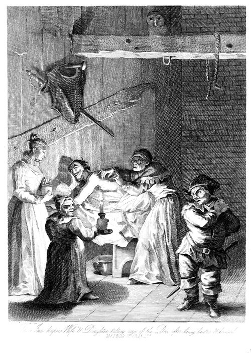 The Inn Keeper's Wife and Daughter taking care of the Don after being beaten and bruised.