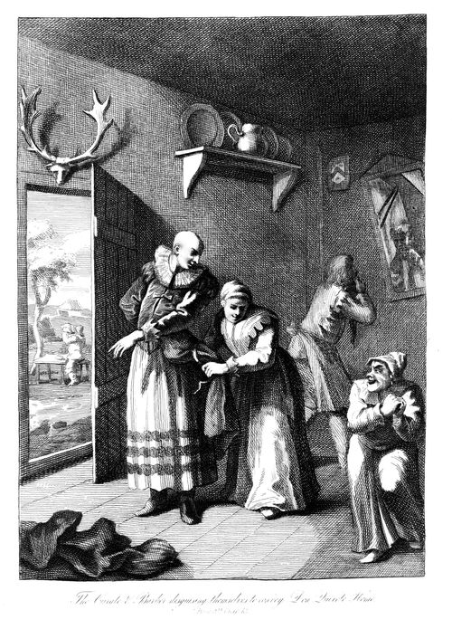 The Curate and Barber disguising themselves to convey Don Quixote Home.