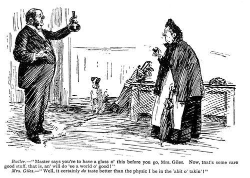 Butler Offers an Old Lady a Drink