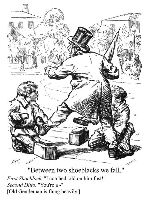 Two shoe-shiners fighting over a client.