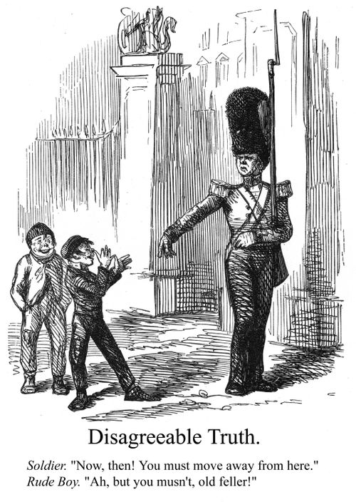 A Foot Guard being teased by children.