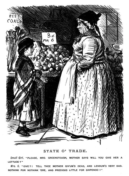 A child asking a street seller for a free lettuce.