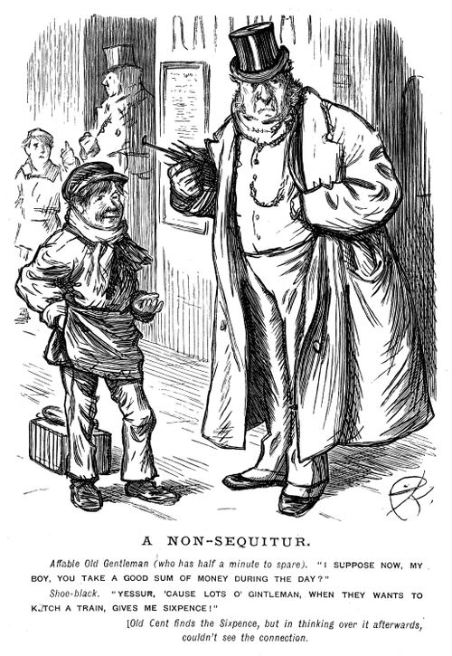 An old gentleman speaking with a shoeblack at a train station