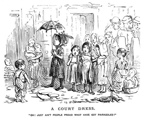 Some poor children glaring at a well-off child with an umbrella