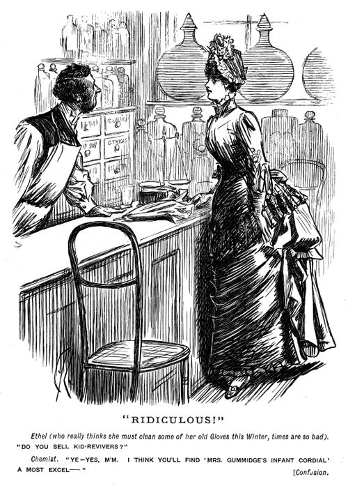 A chemist misunderstanding the request of a lady after a way to clean gloves.
