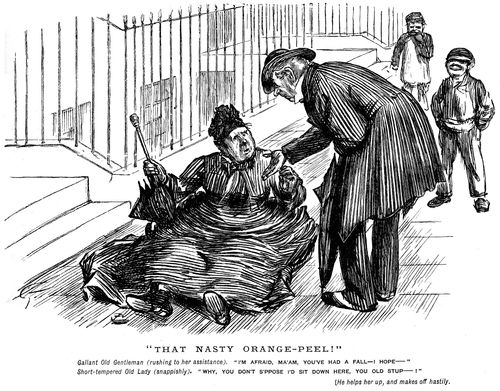 An old lady snapping at a man attempting to help her up.