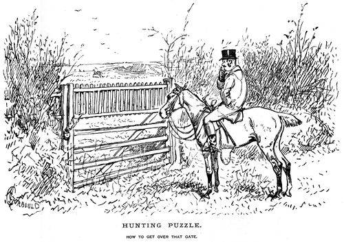 A hunter puzzling over how to get over the gate.