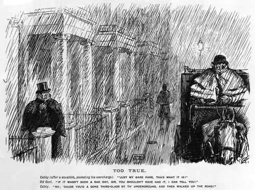 A cabby dropping a gentleman off at his home.