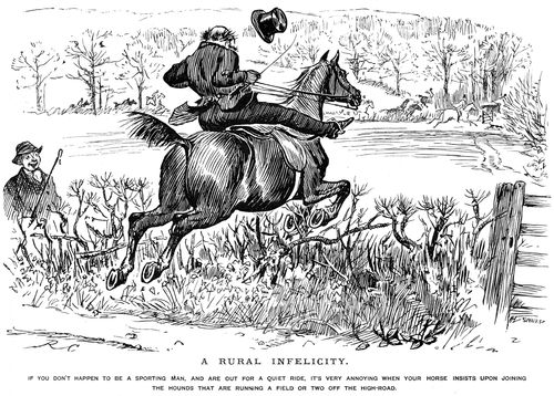 A horse deciding to join in with a hunting trip, against his owners wishes.